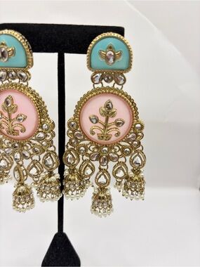 Premium Designer Handcrafted Pink & Turquoise Gold-Polish Chandbali Earrings